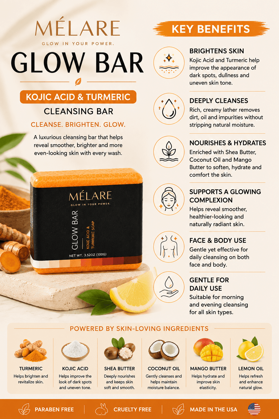 MÉLARE Glow Bar kojic acid and turmeric cleansing bar for brighter-looking skin