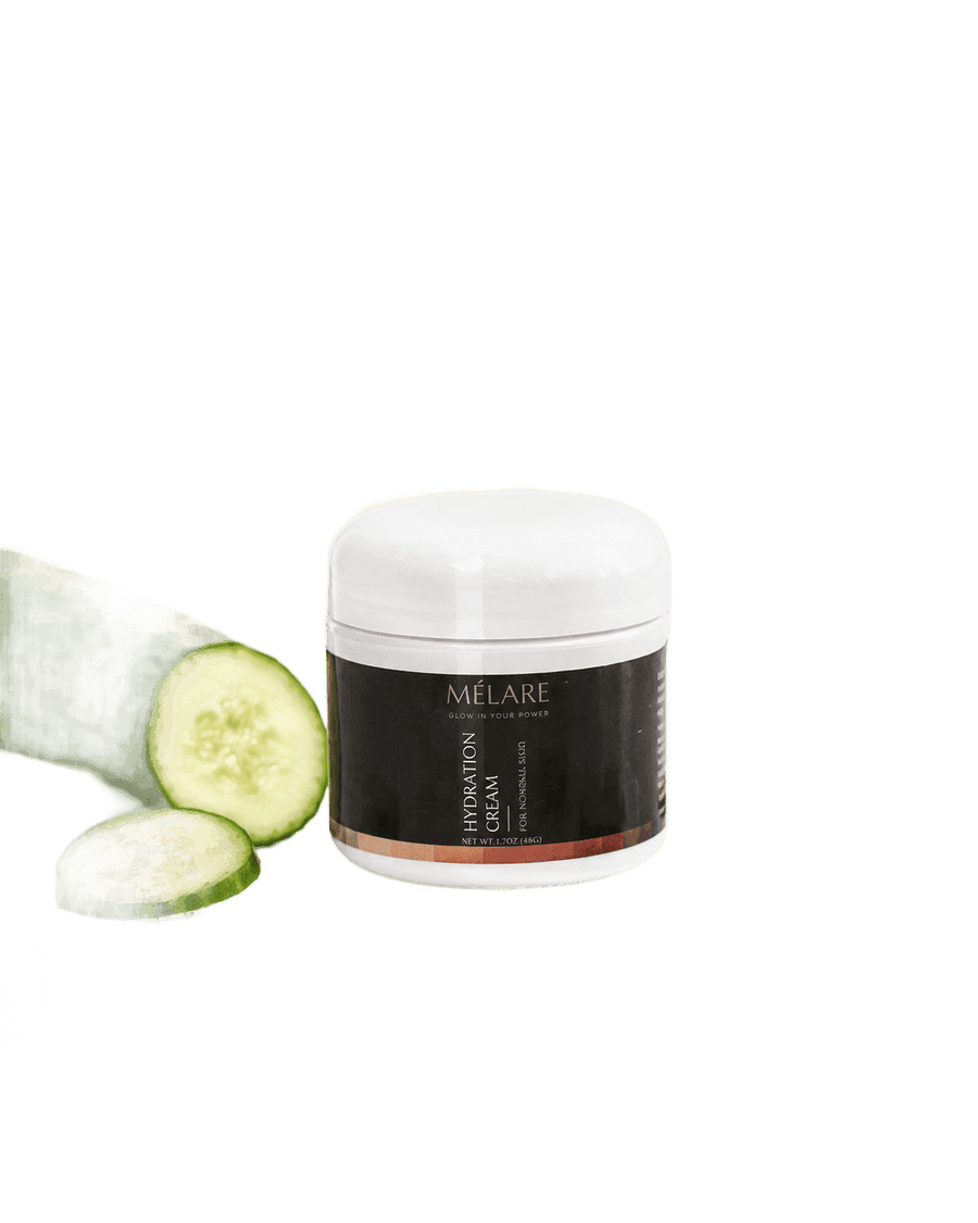 Mélare Hydration Cream for facial care, showing a jar of moisturizing cream with a smooth texture and clean packaging.