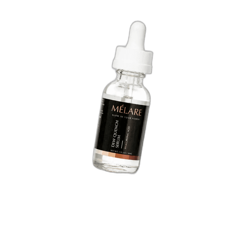 Mélare Dew Quench Serum in a 30ml bottle, facial care product with clear liquid and dropper applicator for hydration.