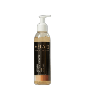 Mélare Gentle Cleansing Gel for facial care, 30ml bottle, with clear gel texture and soft foaming action.