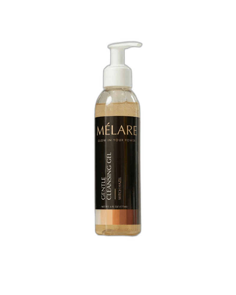 Mélare Gentle Cleansing Gel for facial care, 30ml bottle, with clear gel texture and soft foaming action.