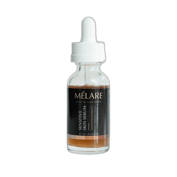 Mélare Sensitive Skin Serum in 30ml bottle, facial care product for gentle skincare, clear liquid with dropper applicator.