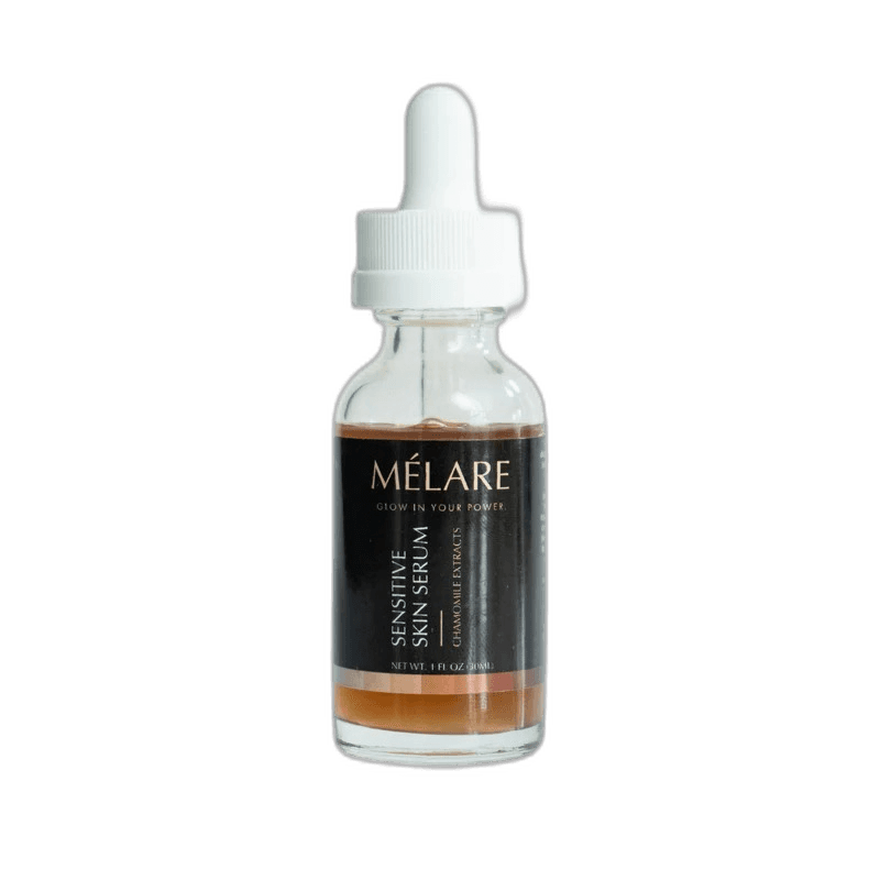 Mélare Sensitive Skin Serum in 30ml bottle, facial care product for gentle skincare, clear liquid with dropper applicator.