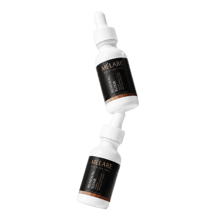 Mélare Renewal Elixir facial care product bottle with dropper, designed for skincare and skin rejuvenation.